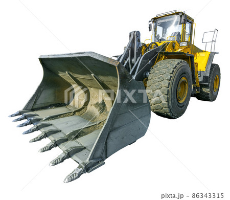 Yellow wheel loader, gravel quarry equipment isolated on white background 86343315