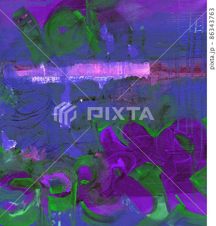 Blue-violet graffiti. Modern abstract colorful painting with hand-painted texture. Painting with splashes, drops of paint, paint smears, letters. 86343763