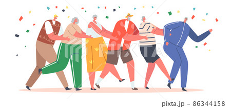 Old People Dance Conga Stand in Line with Confetti Falling Down. Active Elderly Men and Women Grandparents Party Old People Dance Conga Stand in Line with Confetti Falling Down. Active Elderly Men and Women Grandparents Party 86344158