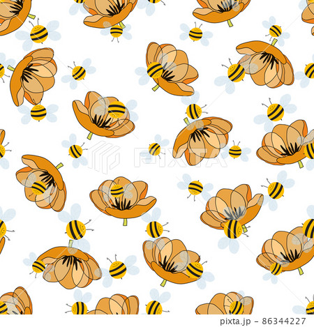 Seamless pattern with bees on floral background. Small wasp. Vector illustration. Adorable cartoon character. Template design for invitation, cards, textile, fabric. Doodle style 86344227