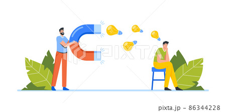 Pirate Character Stealing Creative Ideas From Man. Thief Pirating Content, Attract Lightbulbs with Magnet. Plagiarism 86344228
