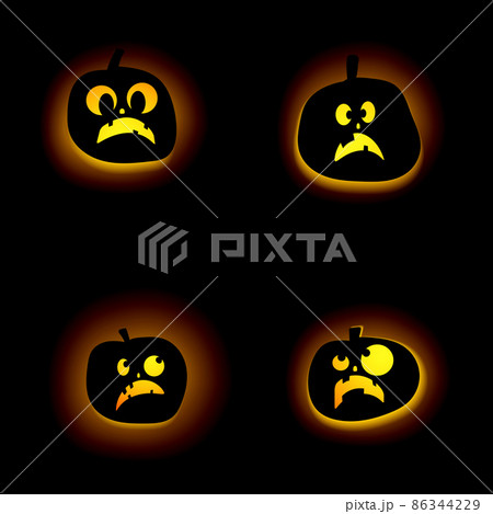 Set of glowing halloween pumpkins. Scary and funny faces. Cute Pumpkin or ghost. Vector autumn holidays illustration 86344229