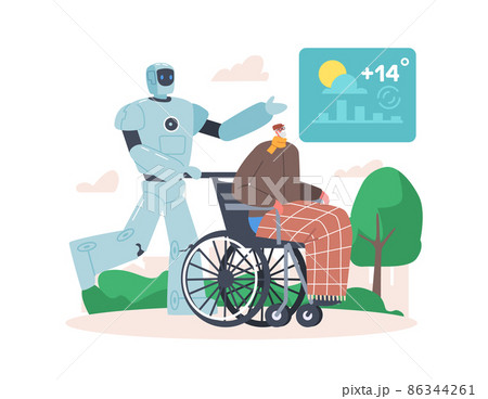 Cyborg Caregiver Walk with Handicapped Senior Male Character Sitting in Wheelchair. Robot Help to Disabled Man. 86344261