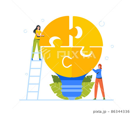 Office People Work Together Develop Idea, Collecting Separated Puzzle Pieces of Huge Light Bulb. Businesspeople Teamwork 86344336