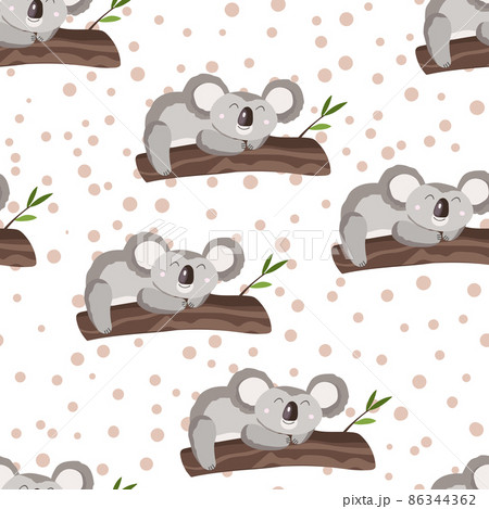 Seamless pattern with cute koala baby and hearts on white polka dots background. Funny australian animals. Card, postcards for kids. Flat vector illustration for fabric, textile, wallpaper, paper 86344362
