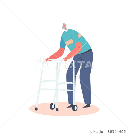 Senior Man, Aged Grandfather Moving with Help of Front-wheeled Walker. Character Use Walking Frame, Cheerful Pensioner 86344406