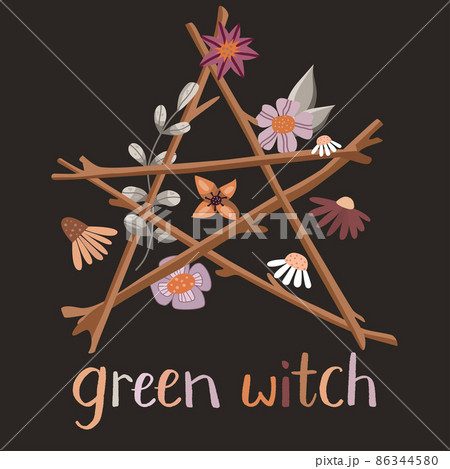 Floral wiccan pentacle with saying green witch 86344580