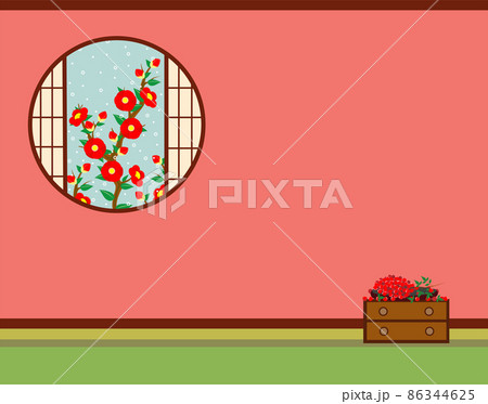 雪の降る椿の花の見える窓と、和箪笥に乗った南天の実とフリースペースのある背景イラスト 86344625