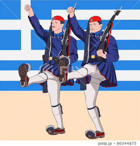 Vector drawing of a soldier of the Greek guard. Evzones. 86344875