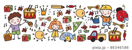 Vector pattern with little children. Kindergarten. Imagination. Creativity. Play. 86346586