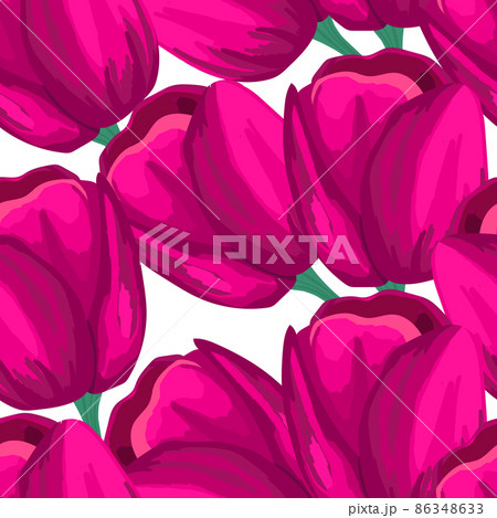 Spring colorful vector illustration with pink tulips. Cartoon style. Design for fabric, textile, paper. Holiday print for Easter, Birthday, 8 march. Flowers with leaves Spring colorful vector illustration with pink tulips. Cartoon style. Design for fabric, textile, paper. Holiday print for Easter, Birthday, 8 march. Flowers with leaves 86348633
