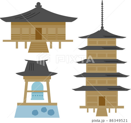 お寺の本堂 塔 鐘のイラスト素材セットのイラスト素材