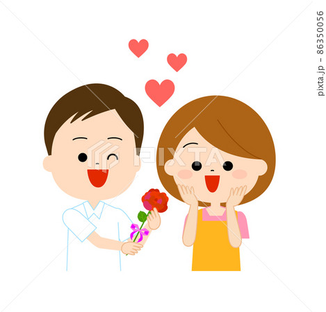 奥さんへ花を送るラブラブな夫婦のイラスト素材