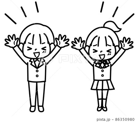 両手を上げて喜ぶ学性 男の子女の子 モノクロのイラスト素材