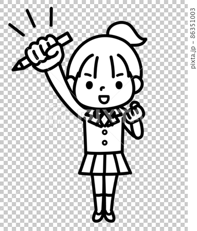 A female student in a guts pose who works hard to study monochrome A female student in a guts pose who works hard to study monochrome 86351003