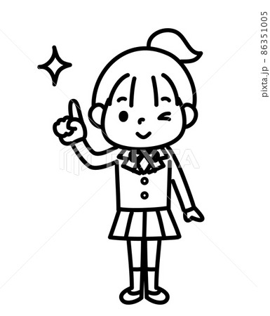 指をさしてウインクする女子学生　モノクロ 86351005