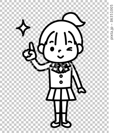指をさしてウインクする女子学生　モノクロ 86351005