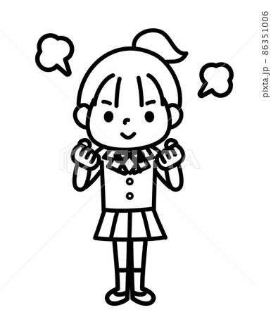 こぶしを握って頑張る女子学生　モノクロ 86351006