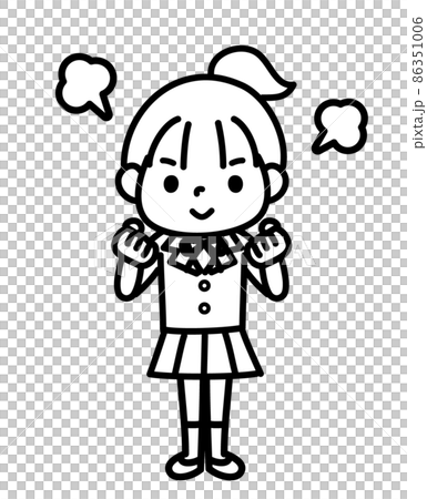 こぶしを握って頑張る女子学生　モノクロ 86351006