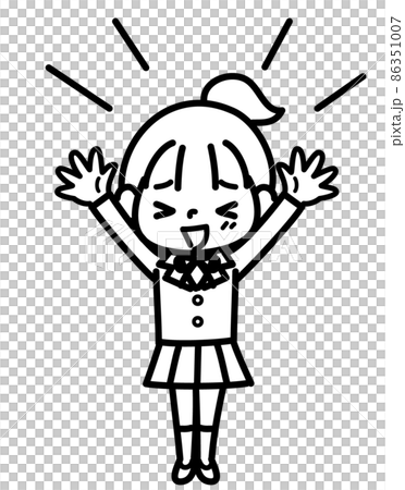 万歳をして喜ぶ女子学生　モノクロ 86351007