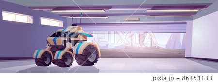 Rover in hangar and drilling rig outside Rover in hangar and drilling rig outside 86351133