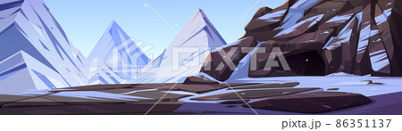 Mountain with entrance to cave or tunnel 86351137