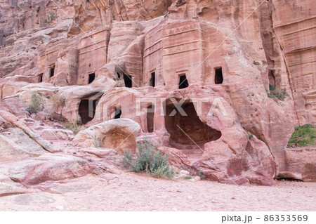 View of cave at street of facades in Petra (Red Rose City), Jordan. Petra is UNESCO World Heritage Site and is one of New7Wonders of the World. 86353569