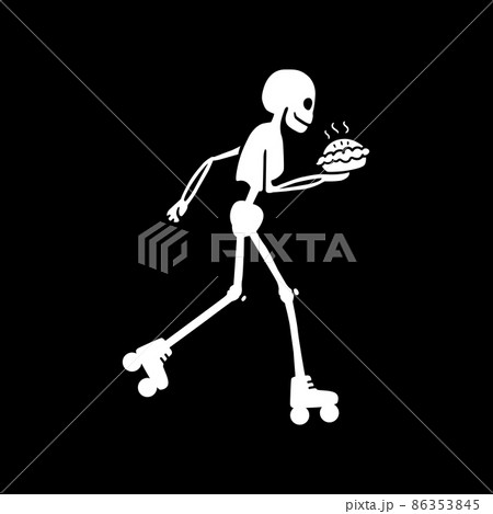 Vector illustration of a skeleton on roller skates with a pie in his hand. Vector illustration of a skeleton on roller skates with a pie in his hand. 86353845