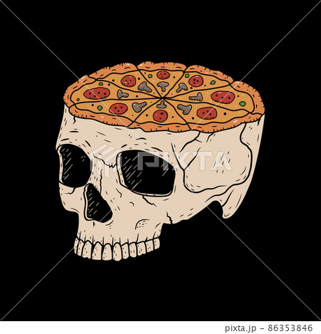 A skull with pizza instead of a brain vector illustration on black background A skull with pizza instead of a brain vector illustration on black background 86353846