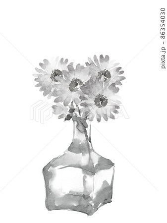マーガレットの花束をガラス瓶に生けて モノトーン【水墨画風