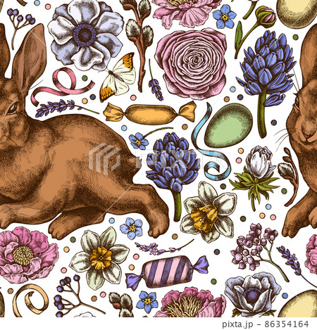 Easter seamless pattern background design. Engraved style. Hand drawn rabbit, eggs, willow branches Easter seamless pattern background design. Engraved style. Hand drawn rabbit, eggs, willow branches 86354164