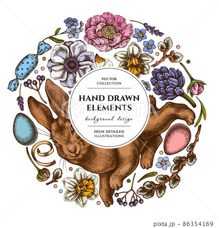 Easter wreath design. Hand drawn rabbit, eggs, willow branches, candies, great orange-tip, anemone Easter wreath design. Hand drawn rabbit, eggs, willow branches, candies, great orange-tip, anemone 86354169