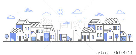 Suburban neighborhood landscape. Silhouette of houses on the skyline. Countryside cottage homes near the road. Outline vector illustration. Suburban neighborhood landscape. Silhouette of houses on the skyline. Countryside cottage homes near the road. Outline vector illustration. 86354514