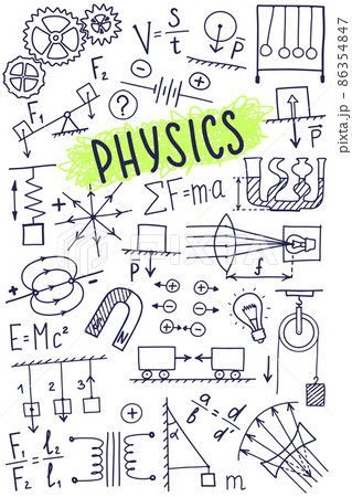 Phisics symbols icon set. Science subject doodle design. Education and study concept. Back to school sketchy background for notebook, not pad, sketchbook. 86354847