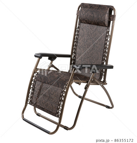 folding chair for camping and outdoor recreation, with brown fabric, has a high back and armrests, on a white background 86355172