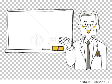 ホワイトボードを指しながら説明している高齢のお医者さん コミカルな手書きの人物 ベクター 線画にシンのイラスト素材