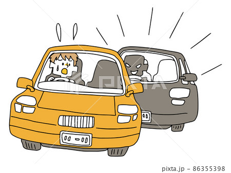 煽り運転の車に困る男性　コミカルな手書きの人物　ベクター、線画にシンプルな色つけ　 86355398