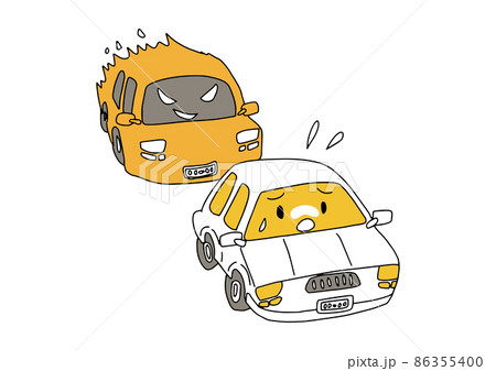 煽り運転の車に急かされる車（擬人化）　コミカルな手書きの人物　ベクター、線画にシンプルな色つけ　 86355400