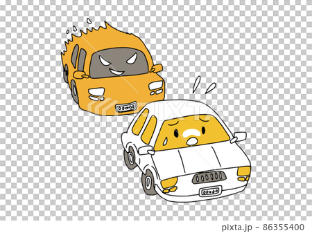 煽り運転の車に急かされる車（擬人化）　コミカルな手書きの人物　ベクター、線画にシンプルな色つけ　 86355400