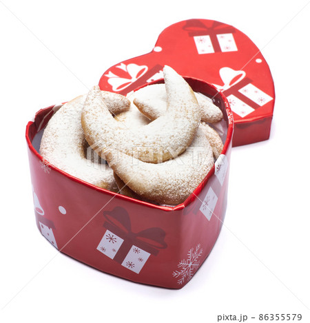 Heart shaped Gift box full of Traditional German or Austrian Vanillekipferl vanilla kipferl cookies 86355579