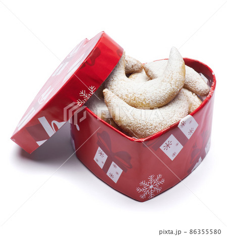 Heart shaped Gift box full of Traditional German or Austrian Vanillekipferl vanilla kipferl cookies 86355580