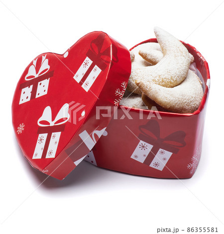 Heart shaped Gift box full of Traditional German or Austrian Vanillekipferl vanilla kipferl cookies Heart shaped Gift box full of Traditional German or Austrian Vanillekipferl vanilla kipferl cookies 86355581