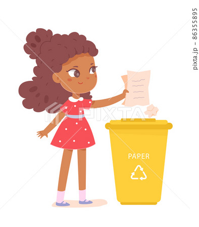 Cute girl sorting paper in trash bin, child holding crumpled paper, throwing garbage 86355895
