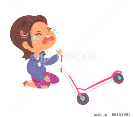 Kid crying after falling accident, girl learning to ride kick scooter, suffering 86355902
