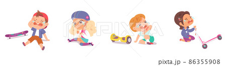 Falling accident with unhappy crying kids set vector illustration. Cartoon boys and girls characters sitting on road, children with injury damage, scratches from falling isolated on white. Falling accident with unhappy crying kids set vector illustration. Cartoon boys and girls characters sitting on road, children with injury damage, scratches from falling isolated on white. 86355908