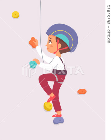 Kid climber climbing rock wall, fearless boy in safety helmet bouldering, hanging on rope Kid climber climbing rock wall, fearless boy in safety helmet bouldering, hanging on rope 86355921