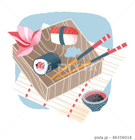Japanese sushi, traditional Japan cuisine, food box and chopsticks, Asian restaurant menu 86356018