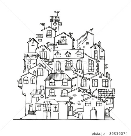 Doodle house hand drawn in black and white. Scandinavian cartoon ink houses. Vector Illustration. 86356074