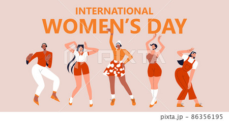 International womens day. Set of diverse modern young woman dancing from joy and fun. Flat vector illustration. Vector illustration in flat style for banner, social networks. Eps 10. International womens day. Set of diverse modern young woman dancing from joy and fun. Flat vector illustration. Vector illustration in flat style for banner, social networks. Eps 10. 86356195