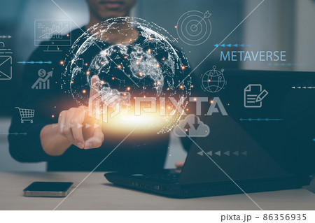 Metaverse with business concept, man using computer and touch virtual globe with financial icons future technology, business goals, online communication,graph Screen Icon of a media screen,big data Metaverse with business concept, man using computer and touch virtual globe with financial icons future technology, business goals, online communication,graph Screen Icon of a media screen,big data 86356935